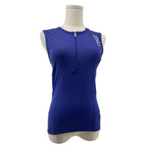 2XU Triathlon Top Women's Large Blue Reflective Logo 1/4 Zip Sleeveless Pocket